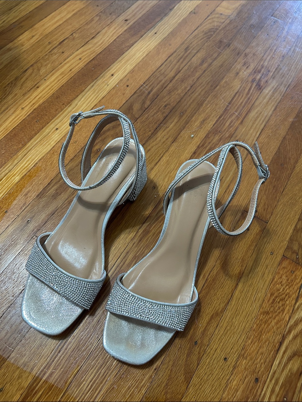 Womens Silver Rhinestone Ankle-Strap Block Heel Sandals